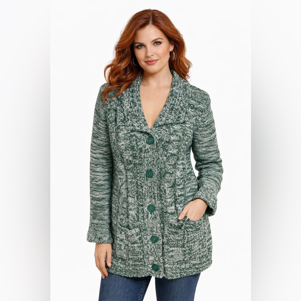 Vintage 70s Space Dyed Green Button Front Cardigan | Retro Knit Sweater
